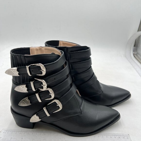 Black Straps Metal Buckle Pointed Toe Low Chunky Heels Ankle Booties for Women - Picture 1 of 7